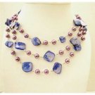 N610  Indigo Color Dyed Mother Shell w/ Synthetic Pearls 3 Stranded Long Necklace