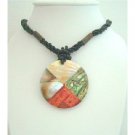 N614Black Beaded Necklace w/ Coral Mother Shell Abalone Pendant All Embedded Pendant Necklace