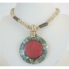 N593  Cream Beaded Necklace Button Clasp w/ Abalone Round Pendant Embedded Coral Stone