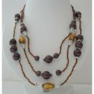 N569  3 Stranded Golden Beads Necklace Simulated Brown Pearls Millefiori Painted Beads