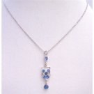 UNE220  Dangling Pendant Necklace Silver Frame Dangling Embedded w/ Blue Cubic Zircon