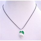 UNE201  White Enamel Apple Pendant Black Beaded Choker Necklace w/ CZ Embedded Pendant
