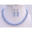 UNS008  Necklace Set Synthetic Pearls 16 Inches Necklace Light Cool Blue Pearls Jewelry Set