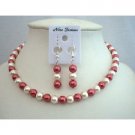 UNS010  Red & Cream Synthetic Pearls Jewelry Necklace Set Synthetic Pearls w/ Dangling Earrings