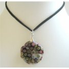 U144  Black Velvet Chord Necklace w/ Simulated Millifiori Flower Pendant