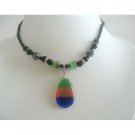 UNE116  Colorful Teardrop Pendant Choker Tri Color Cat Eye Pendant Necklace Choker