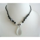 UNE138  Opal White Cat Eye Teardrop Pendant Necklace Black Beaded Choker Necklace