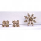 B306  Smoked Brown Crystals Round Brooch Silver Casting Brooch w/ Fabulous Matching Earrings