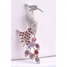 B223  Silver Casting Peacock Brooch Peacock Feather Decorated w/ Mulitcolor Rhinestones