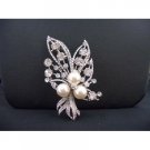 B266  Silver Casting Bouquet Brooch With Ivory Pearls & Shimmering Sparkling Simulated Diamond