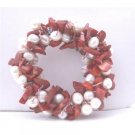 B115 Handcrafted Freshwater Pearls Brooch Pin w/ Coral Nugget Chip Stone Bridal Brooch