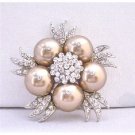 B294  Bronze Swarovski Pearls w/ Sparkling Diamond Cubic Zircon Bridal Brooch
