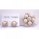 B319  Champagne Pearls Brooch Earrings NEW COMBO Wedding Jewelry With Diamond