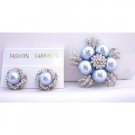 B317  Fabulous Matching Blue Brooch & Earrings Genuine Swarovski Blue Pearls w/ Diamond Surrounded