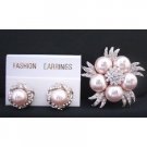 B320  Gorgeous Rose Swarovski Pearls Brooch w/ Matching Earrings w/ Diamond Surrounded