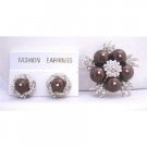 B318  Meroon Pearls Cubic Zircon Gorgeous Fabulous Swarovski Pearls Brooch w/ Matching Earrings