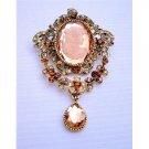 B158 Victorian Cameo Lady Brooch Gold Copper Brooch w/ Smoked Topaz & Lite Smoked Crystals