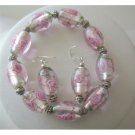 TB365 Pink MILLEFIORI VENETIAN GLASS BEADS Stretchable Bracelet/Sterling Silver Earrings