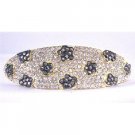 HA497  Clear Crystals Bridal Hair Barrette Fully Encrusted w/ Black Jet Flower Crystals Embedded