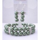 TB413  Green Pearls Jewelry Set Bracelet & Earrings Simulated Pearls Double Stranded Stretchable