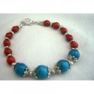 TB247  Handcrafted Bracelet Turquoise Coral Red Bead w/ Oxidized Bead Metal
