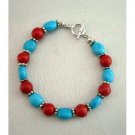 TB280  Handmade Flat Autumn Oval Turquoise & Coral Round Faceted Beads Bracelet w/ Toggle Clasp