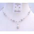 BRD865  Silver Pearls Clear Crystals Prom Bridal Bridemaids Swarovski Jewelry