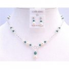 BRD837 Prom Jewelry Ivory Pearls Emerald Crystals Bridal Drop Down Necklace