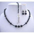 BRD653 Back Drop Pearls Crystals Necklace Set w/ Fish Pendant Dangling At Back Neckalce