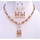 BRD685  Gorgeous Jewelry Powder Almond Pearls Set Necklace Sterling Silver Pendant & Earrings