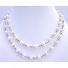 BRD708 Wedding Bridal White Freshwater Pearls Double Stranded Necklace w/Silver Beads