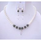 BRD511  White Pearls & Black Jewelry Sets Swarovski White & Black Pearls w/ Silver Rondells