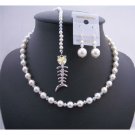BRD650 Bridal Smashing Back Extension & Back Drop Pearls Crystals Necklace Set w/ Fish Pendant