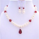 BRD694Handcrafted Bridal Jewelry Cream Pearls Siam Red Crystals w/ Siam Red Crystals Pendant
