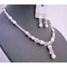 BRD682 Necklace Set w/ Genuine Swarovski Off White Pearls Clear Crystals Silver Rondells Jewelry