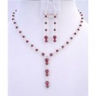 BRD736  Bridal Necklace Earrings Set Handmade Swarovski Siam Red Crystals Drop Down Jewelry Set