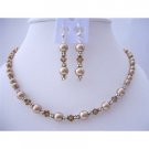 BRD409 Swarovski Bronze Pearls & SMoked Topaz Crystals Necklace Set w/ Bali Silver spacer Set