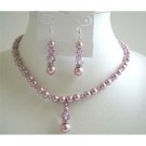 BRD590  Lavender Crystals Jewelry Set Rose Pink Pearls & swarovski Lavender crstal Necklace Set