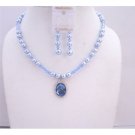 BRD577  Swarovski Blue Pearls Lite Sapphire Swarovski Crystals w/ Crystals Pendant Necklace Set
