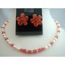 BRD296Wedding Jewelry Bridal Necklace Set w/Genuine Cream Pearls & Padparadscha Crystals