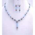 NSC527Champagne Pearls Jewelry Set Bridal Champagne Necklace Set w/Smoked Topaz Drop Down