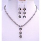 NSC605Black Diamond Swarovski Crystals w/ Round Crystals 3 Beads Pendant Earrings Necklace Set