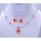 NSC488  Padparadscha Crystals Heart Necklace Set w/ Sterling Silver Hoop Heart Dangling