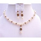 NSC633Swarovski Ivory Pearls Smoked Topaz Crystals w/ Silver Rondells Jewelry Set
