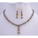 NSC650  Chocolate Pearls Smoked Topaz Crystals Jewelry Set Bridal Necklace Set w/ Silver Rondells