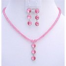 NSC618  Genuine Swarovski Rose Pink Crystals Drop Down Pendant Necklace Set