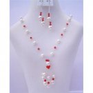 NSC485  White Pearls With Swarovski Siam Red Crystals & Pearls Tassel Drop Necklace Set