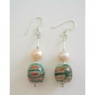 ERC225  Venetian Glass Bead Earrings w/ Mother Pearls 8mm Sterling Silver Earrings