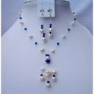 NSC390  Freshwater Pearls Tassel Jewelry w/ Swarovski Sapphire Crystals Neckalce Set