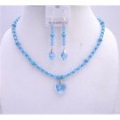 NSC540  Swarovski Aquamarine Crystals w/Aquamarine Heart Pendant & Dangling Earrings Jewelry